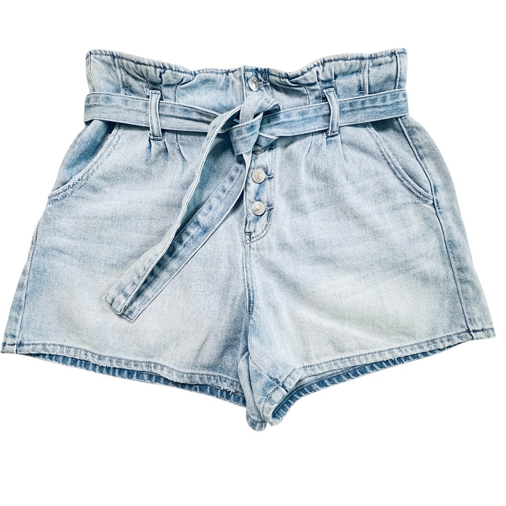 American Eagle Mom Shorts Light Wash Paperbag Waist Denim 12 Button Fly Belt